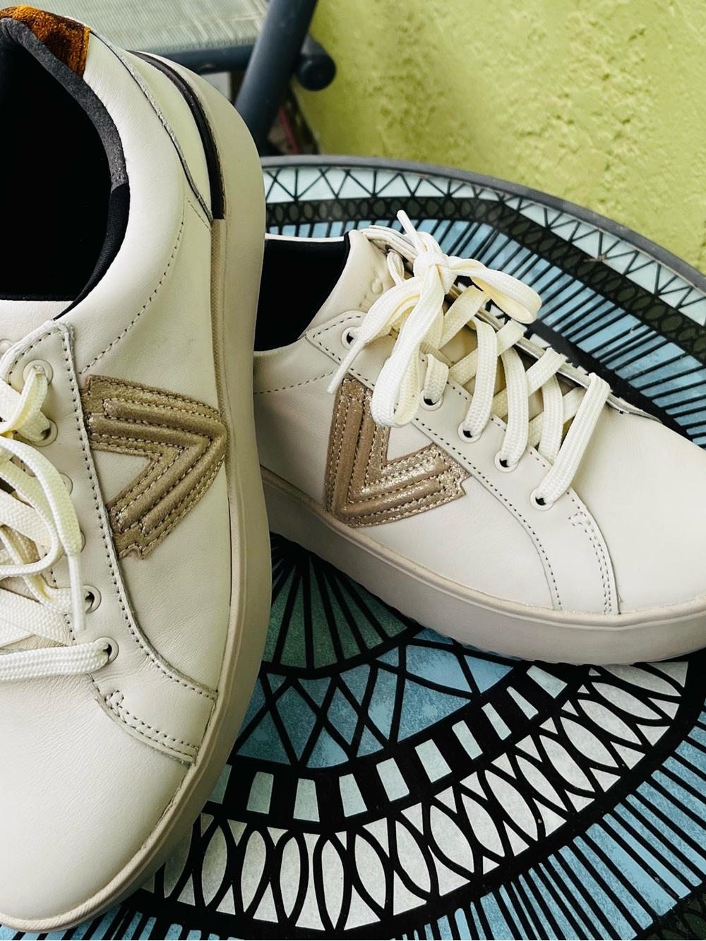 Vionic Cream Leather Sneakers with Metallic Taupe Chevron Accent